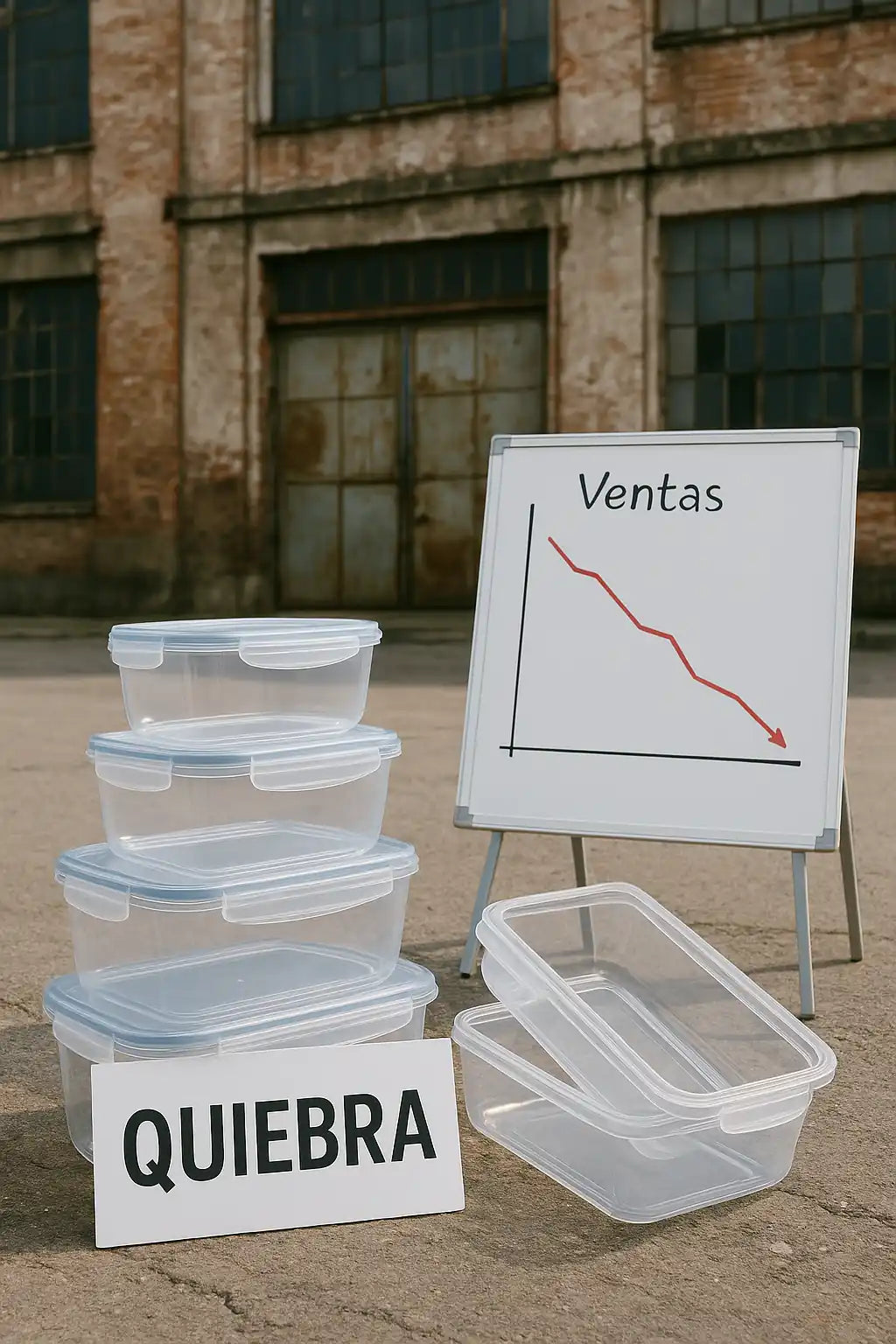 Una imágen que muestra un gráfico de la caída de ventas de la empresa Tupperware. Junto a unos tuppers de plástico con un cartel que dice: "Quiebra"