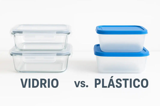 Una imagen que muestra una comparativa entre unos tapers de cristal frente a unos de plástico