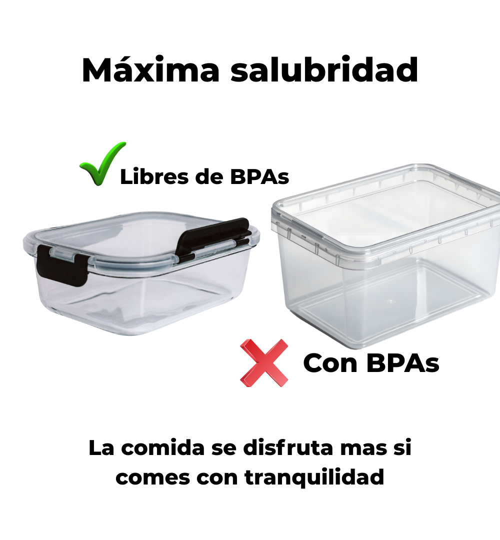 Una infografía que muestra la salubridad de los tapers de cristal de borosilicato frente a los de plástico