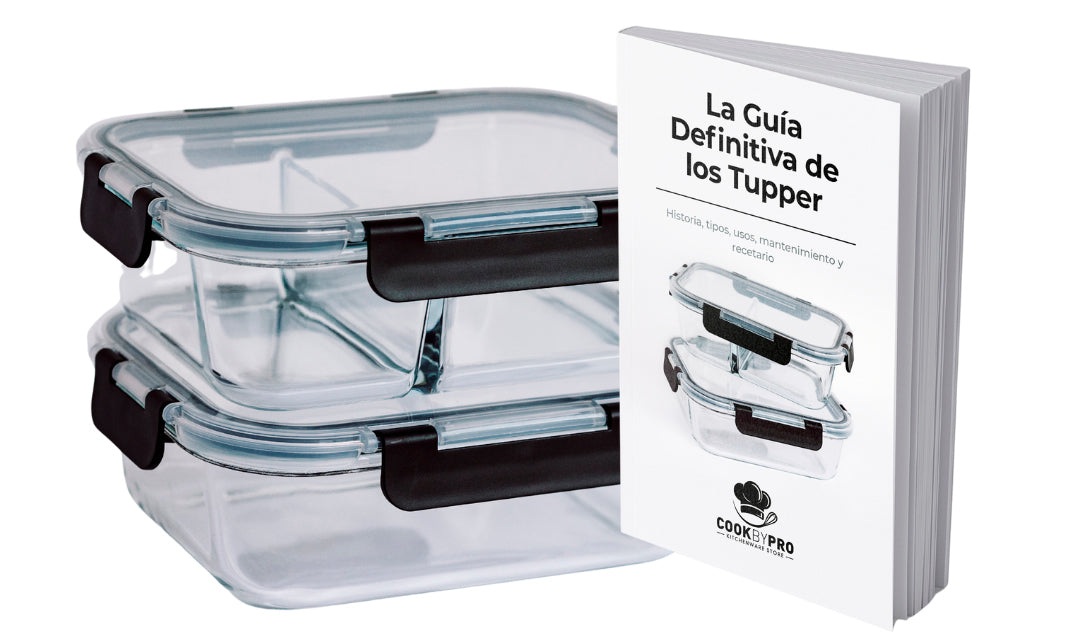 Una fotografía que muestra el set de tapers de cristal de borosilicato junto con el ebook sobre los tuppers
