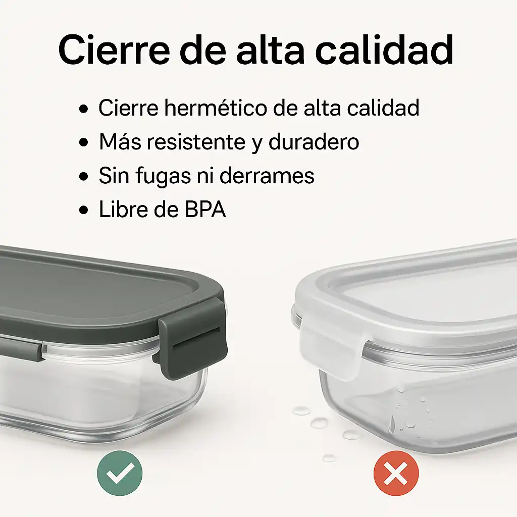 Una infografía que muestra la calidad en el cierre de los tapers de cristal de Cookbypro