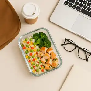 Un taper de cristal de Cookbypro en la oficina con un plato casero